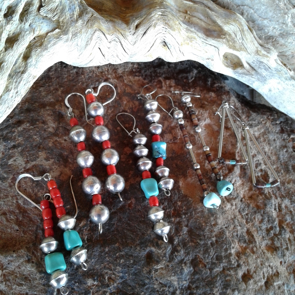 Sterling Silver Vintage Turquoise Beaded set of 5 pair EARRINGS